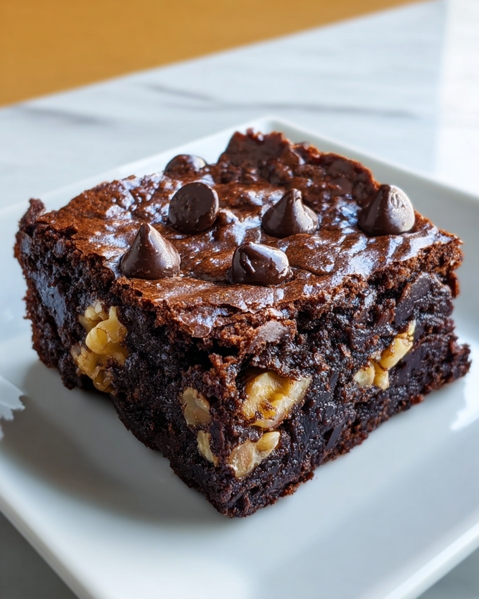 A close-up of a thick, square brownie on a white plate with a white marbled surface beneath it. The brownie has two visible layers: a dense, dark brown base with chunky walnut pieces embedded throughout, giving uneven light brown and creamy yellow spots, and a slightly cracked, glossy top layer studded with large, shiny chocolate chips. The texture looks moist and fudgy with a rich, dark chocolate color. photo taken with an iphone --ar 4:5 --v 7