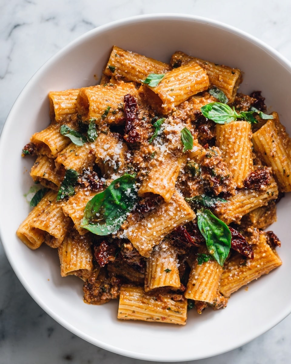 A white bowl filled with rigatoni pasta coated in a creamy orange-brown sauce, mixed with small pieces of sun-dried tomatoes that add dark red color and a few fresh green basil leaves scattered on top. The pasta pieces are arranged in layers, with the sauce evenly covering each rigatoni tube's ridged surface, and grated cheese sprinkled lightly over the whole dish. The bowl is placed on a white marbled textured surface. photo taken with an iphone --ar 4:5 --v 7