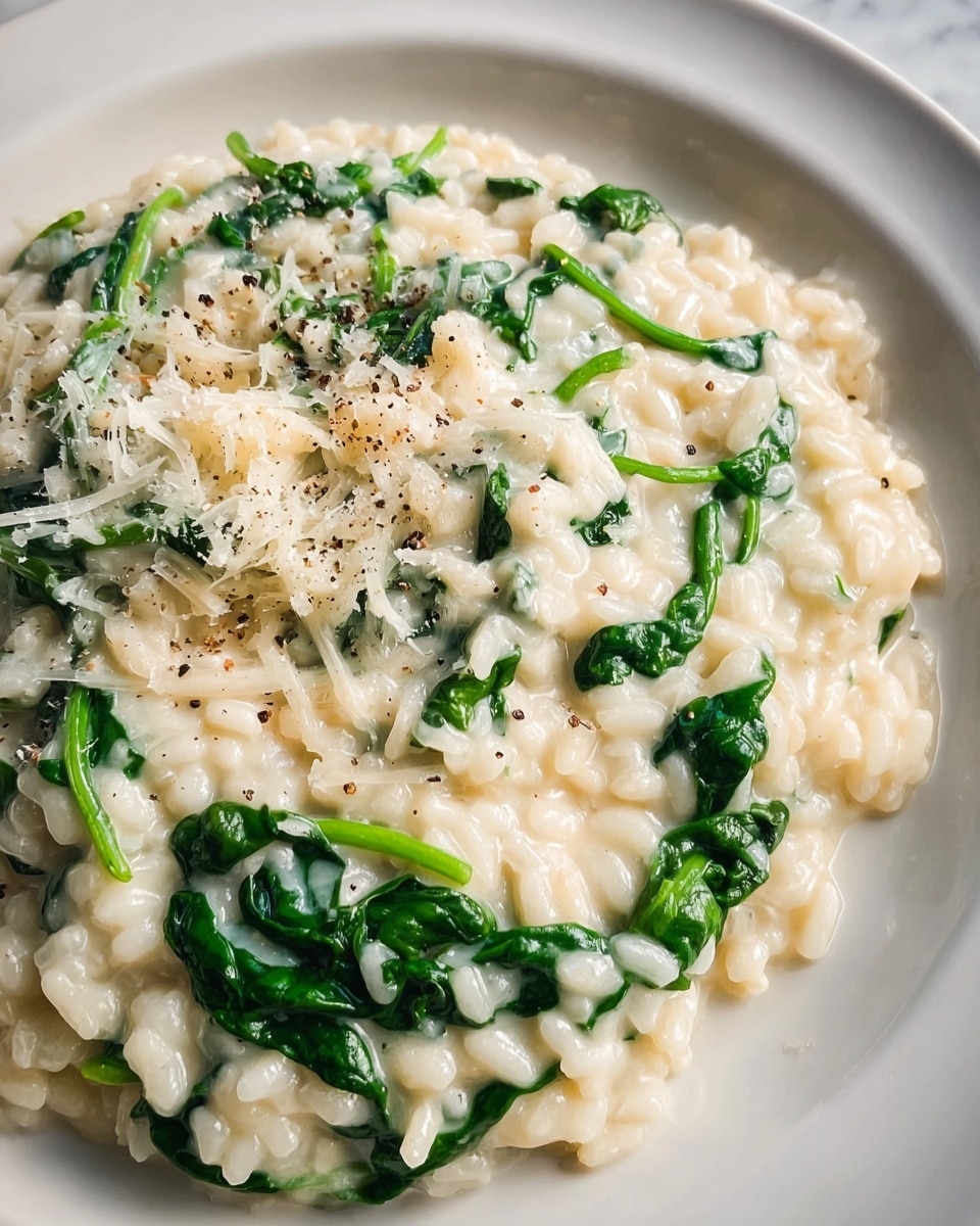 A close-up of a creamy spinach risotto served on a white plate, showing one main layer of soft, slightly glossy risotto rice mixed evenly with bright green spinach leaves that have a fresh, tender texture, topped lightly with small specks of cracked black pepper and finely grated cheese, creating a mix of white and green colors with a smooth, rich surface in the center of the plate, set against a white marbled background. photo taken with an iphone --ar 4:5 --v 7