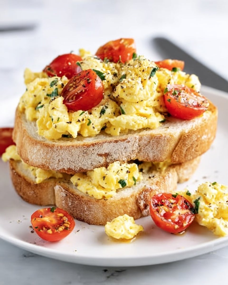 The image shows a white round plate with two thick slices of toasted bread stacked slightly unevenly. On top and around the bread layers, there is a generous amount of yellow scrambled eggs with a soft, fluffy texture. Mixed within the eggs are small green herb bits. Scattered on and around the eggs are halved, glossy red cherry tomatoes, adding a fresh pop of color. The plate sits on a white marbled surface with a soft cloth slightly visible in the background. Photo taken with an iphone --ar 4:5 --v 7