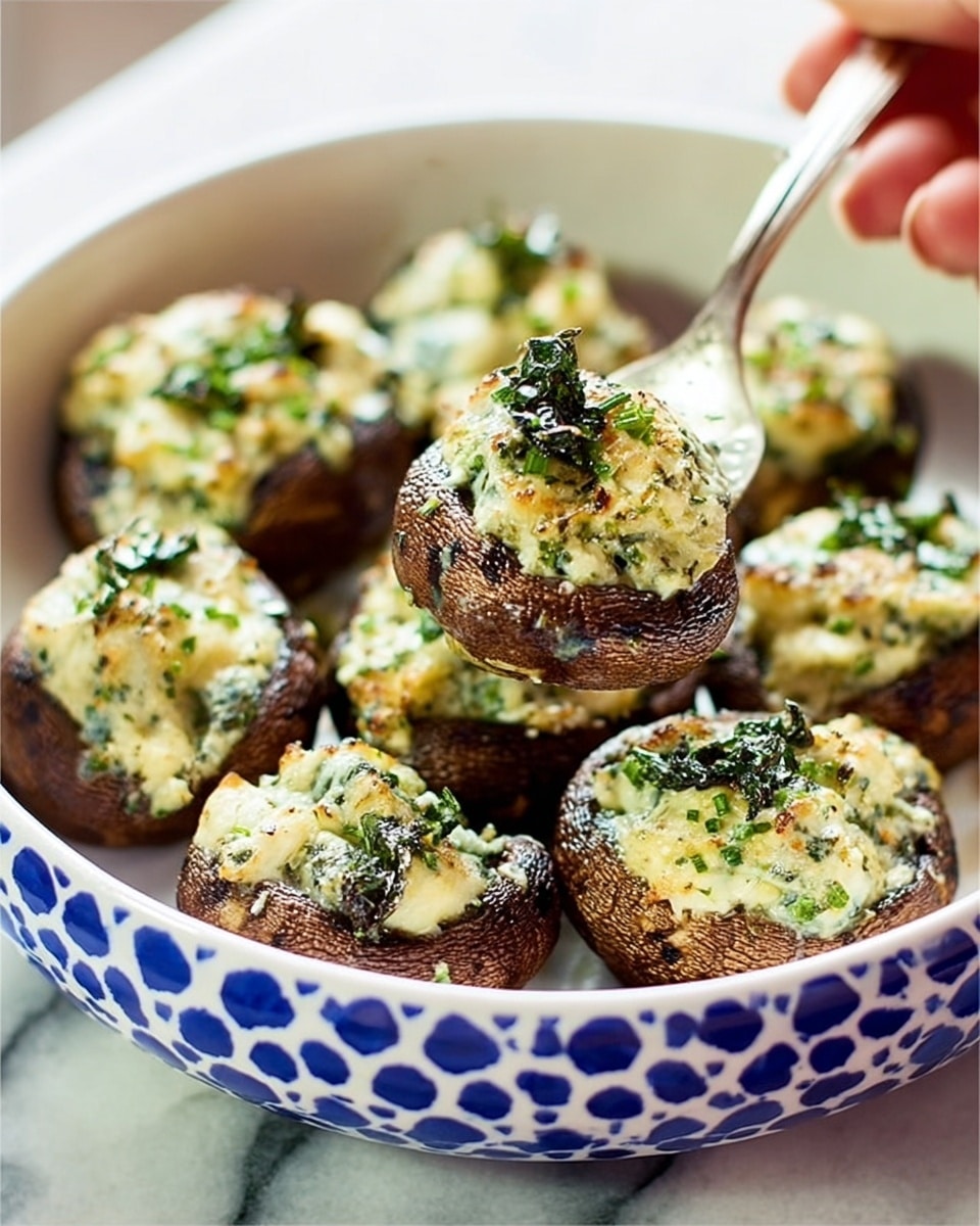 The image shows a white bowl with blue dots filled with stuffed mushrooms. Each mushroom cap is dark brown and topped with a creamy, light beige filling that appears soft and slightly grainy. On top of the filling, there are small green leafy herbs placed in the center of each mushroom. A silver spoon, held by a woman's hand, is picking up one stuffed mushroom from the bowl. The whole setting is on a white marbled surface. photo taken with an iphone --ar 4:5 --v 7