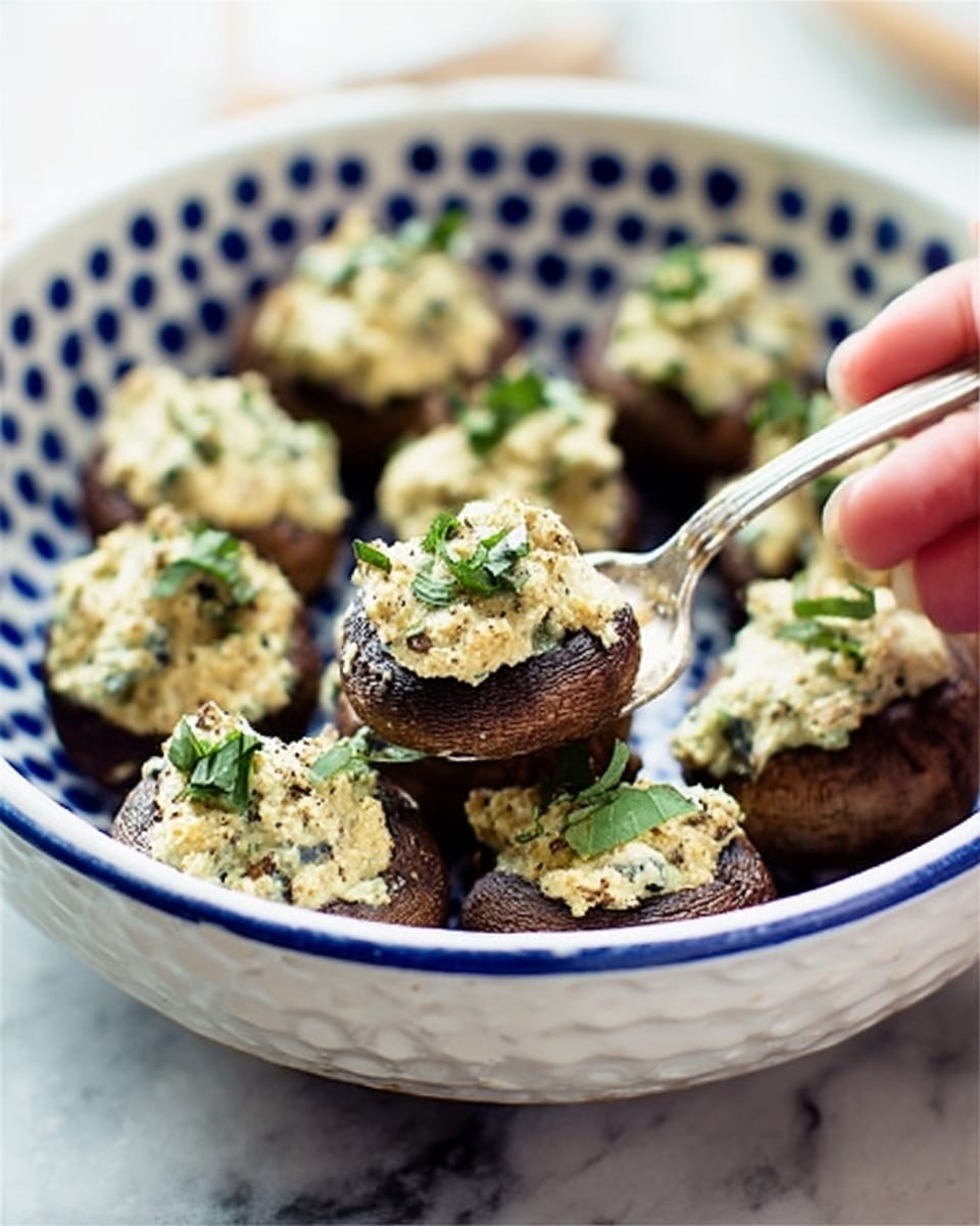 A white bowl with blue dots is filled with stuffed mushrooms. Each mushroom cap is dark brown and topped with a creamy light beige cheese mixture with small green herb bits inside. On top of each cheese layer, there is a small dark green leafy garnish, slightly wilted. A silver spoon is scooping one mushroom out from the bowl, with a woman's hand holding the spoon. The bowl sits on a white marbled surface. photo taken with an iphone --ar 4:5 --v 7