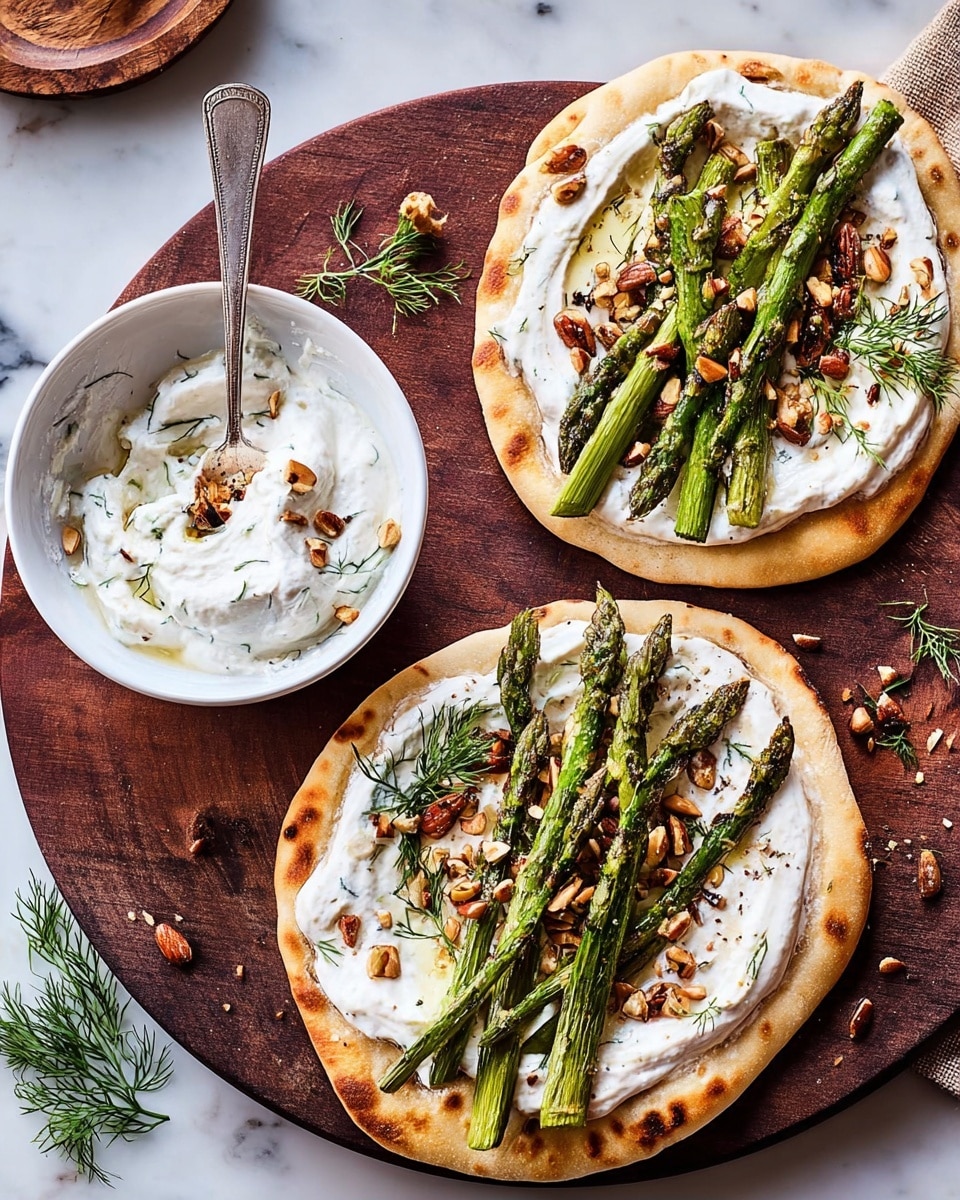 Two flatbreads lie on a round dark wooden board placed on a white marbled surface. Each flatbread has a base layer of light golden crust with toasted spots, spread with a thick, smooth, white cream. On top of the cream, there are three vibrant green grilled asparagus spears with a slightly charred texture. Scattered around the asparagus are small pieces of chopped nuts in light brown and tan shades, along with small green dill sprigs. To the top right of the flatbreads is a white bowl filled with swirled white cream and a spoon resting inside. Photo taken with an iphone --ar 4:5 --v 7