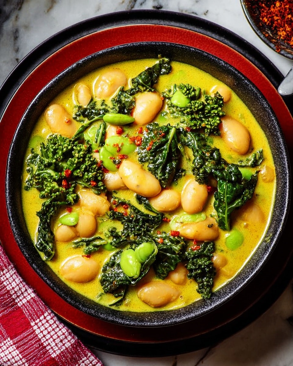 A deep black bowl filled with a creamy yellow sauce, topped with large soft white beans and vibrant green kale leaves scattered throughout. Bright green sauce is drizzled over the beans and kale, adding a fresh contrast. Small red mustard seeds are dotted across the dish, adding texture and color. The bowl rests on a dark red plate over a red and white checkered cloth, with the whole scene set on a white marbled surface. photo taken with an iphone --ar 4:5 --v 7