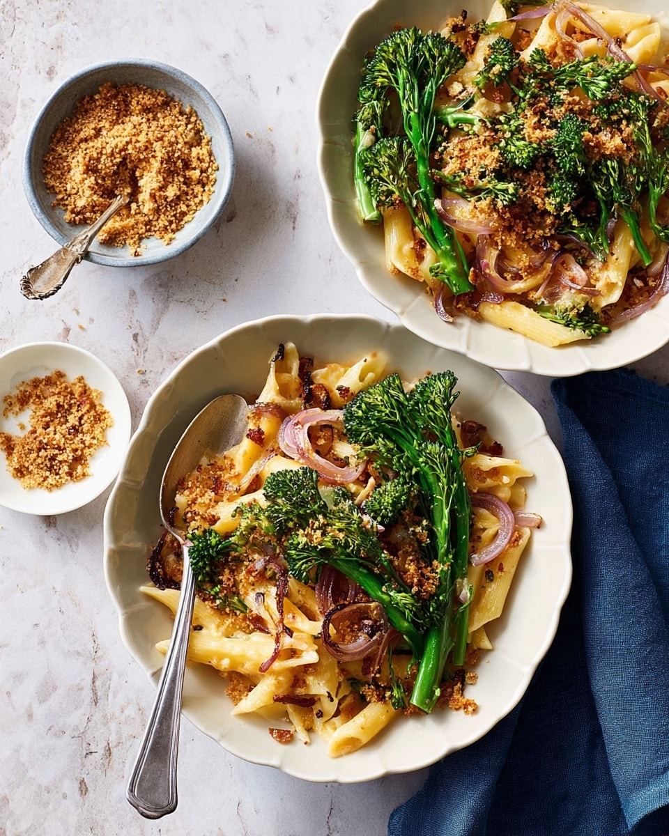Two white shallow bowls hold a pasta dish with three main layers. The bottom layer is light yellow pasta mixed evenly with thin slices of cooked red onion, giving a pinkish tint. The middle layer shows bright green broccolini florets with thick stems, spread throughout the pasta. The top layer is golden brown crunchy breadcrumbs sprinkled over the dish, giving texture and color contrast. A silver spoon rests on the upper bowl's right edge, and to the left, a small white bowl contains more breadcrumbs with a small silver spoon inside. The setting is a white marbled surface with a dark blue cloth on the right side. Photo taken with an iphone --ar 4:5 --v 7