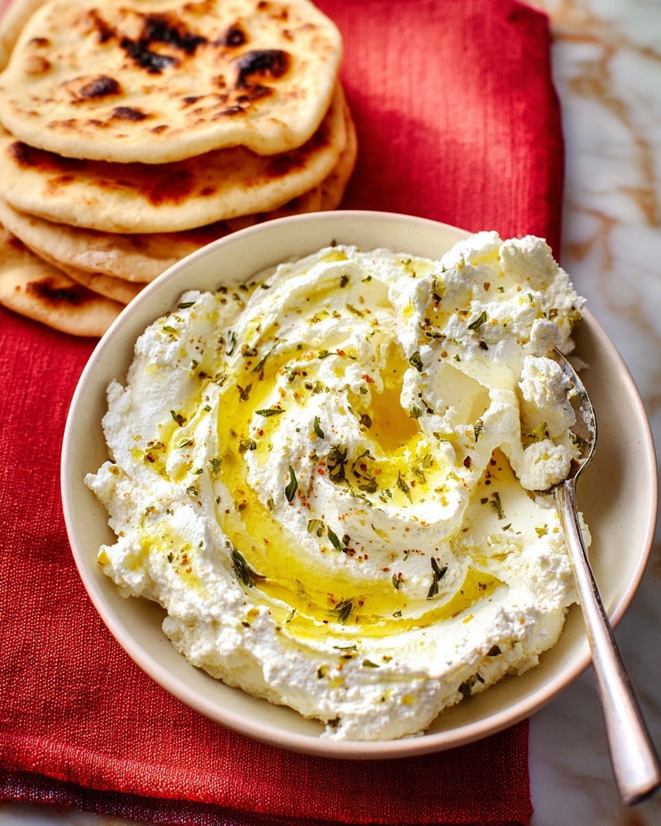 A bowl filled with a creamy white spread topped with a layer of golden olive oil and sprinkled with small green herbs. The spread is thick and fluffy with a soft texture, swirled gently in the bowl to create little peaks and valleys. A shiny silver spoon rests in the spread, slightly digging into it. Next to the bowl, there are stacked pieces of flatbread with brown toasted spots on top, placed on a red cloth. The bowl is white and set on a white marbled surface. Photo taken with an iphone --ar 4:5 --v 7