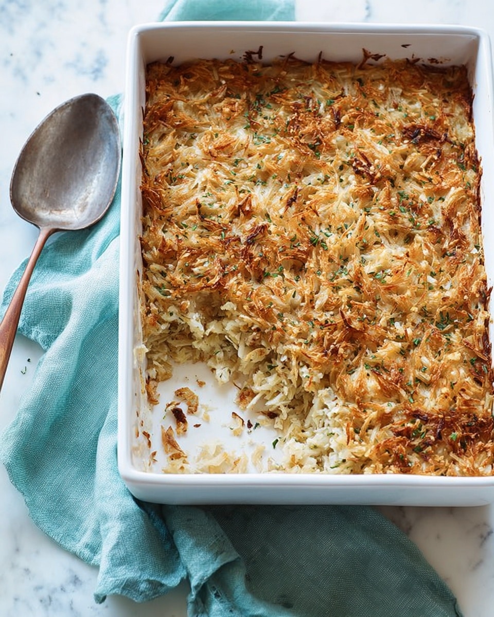 A white rectangular baking dish holds a golden-brown baked casserole with a slightly crispy top layer showing small browned spots and hints of green herbs mixed throughout. The surface texture is uneven with visible shredded pieces, likely potatoes, forming a thin crust. One corner has been scooped out, revealing multiple layers beneath: a soft, pale, cooked layer beneath the crispy top, and moist, translucent bits of the shredded ingredient making up the base layers. The dish rests on a white marbled surface beside a light blue cloth and a metal spoon with a wooden handle, which has a small amount of the casserole on it. Photo taken with an iphone --ar 4:5 --v 7