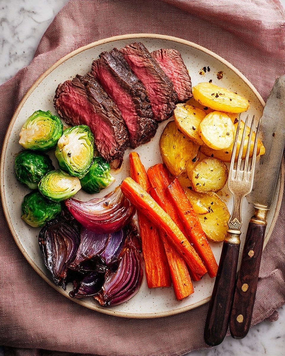 A white speckled plate holds a colorful meal with five different parts. On the left, there are thick slices of grilled steak with a dark charred crust and a bright pink inside. Below the steak, cut Brussels sprouts show their light green inside and dark green leaves. Next to them, roasted red onion wedges have a deep purple color with slightly crispy edges. On the right side, golden-brown roasted potato slices are stacked with a shiny, crispy texture. Next to the potatoes, long roasted carrot sticks sit with a bright orange color and a light coating of herbs. A fork rests near the steak on the left side of the plate, and a knife with a dark handle is on the right. The plate is on a light-colored stone surface with a mauve cloth to the right. photo taken with an iphone --ar 4:5 --v 7