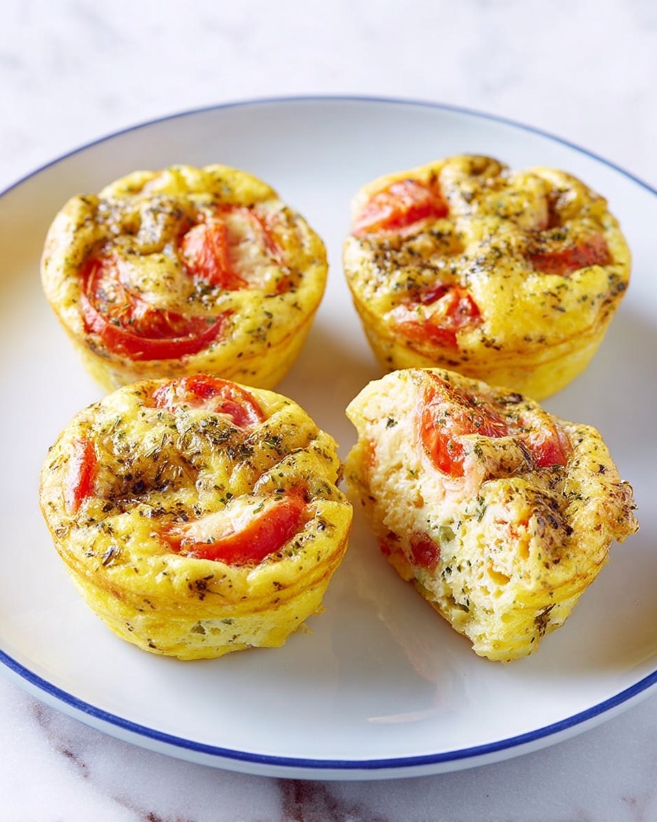 Four mini egg muffins with a golden-yellow base are placed on a white plate with a blue rim on a white marbled texture surface. Each muffin is about two layers thick, with pieces of bright red tomato embedded inside, and specks of green herbs scattered throughout, giving a slightly speckled look. One muffin is cut in half, showing a soft, fluffy interior with chunks of tomato and herbs inside. The muffins have a light brown crust on top, adding a grilled texture. Photo taken with an iphone --ar 4:5 --v 7