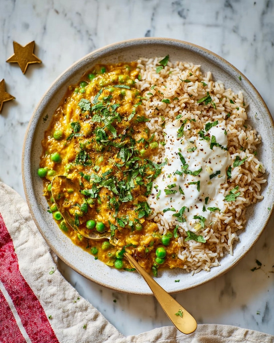 A round white plate holds a colorful dish with three main layers. On the left side and center, there is a thick yellow-orange curry with visible green peas scattered throughout, topped with sprinkled green herbs for freshness. To the right of the curry is a layer of light brown cooked rice, mixed with small bits of herbs and topped lightly with some curry sauce. At the top right corner of the plate, there is a dollop of creamy white yogurt with a few black pepper specks on top. A gold spoon rests on the left side of the plate, partially dipped into the curry and rice. The plate sits on a white marbled surface, next to a white cloth with a pink stripe and two star-shaped wooden decorations. Photo taken with an iphone --ar 4:5 --v 7