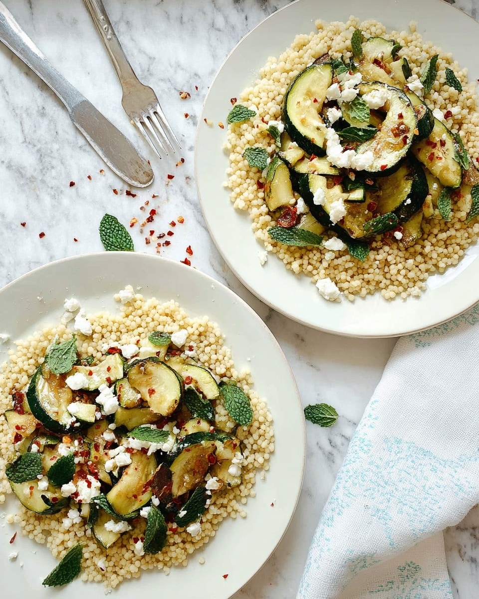 Two white plates sit on a white marbled surface, each filled with a dish made of small, light beige grains forming a base layer. On top, there are golden-brown grilled zucchini slices with green skins, scattered with small white crumbles of cheese. The dish is garnished with green mint leaves and tiny red chili flakes, adding a mix of colors and textures. Near the plates, there are two forks and a knife on the surface, with a light-colored cloth partially visible on the bottom right. Photo taken with an iphone --ar 4:5 --v 7