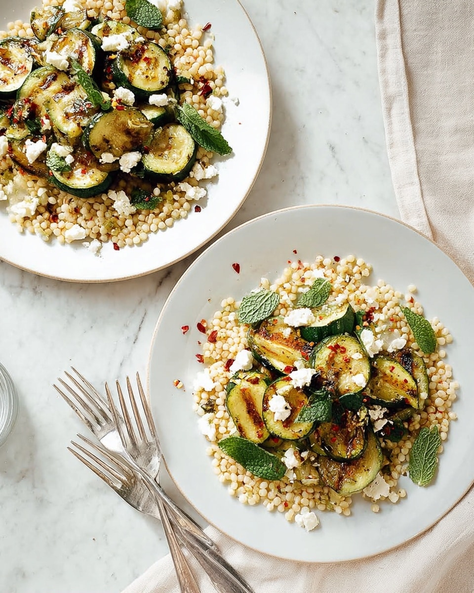 Two white plates are on a white marbled surface, each filled with a layer of small, round, light beige couscous grains covering the whole plate. On top, there is a layer of cooked zucchini slices that are green with light brown sear marks. Scattered over the zucchini are small pieces of white crumbly cheese and small green mint leaves. There are a few pieces of red chili flakes sprinkled around. A silver fork is placed near each plate, with a silver knife below one plate, and a white cloth with pale blue patterns is also visible near the bottom right corner. Photo taken with an iphone --ar 4:5 --v 7
