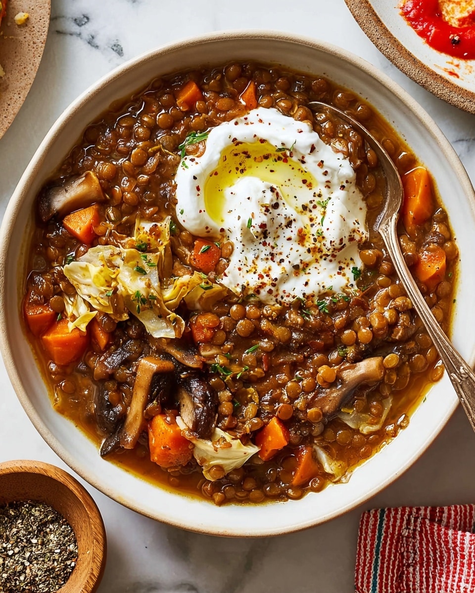 A white bowl filled with thick lentil stew made of small brown lentils, diced orange carrots, and dark brown mushroom pieces in a rich brown broth, topped with a dollop of white creamy yogurt that has streaks of golden olive oil and a sprinkle of black pepper on top. Next to the bowl is a wooden star-shaped trivet on a white marbled surface with a striped green and white cloth underneath. A small portion of a white bowl with red tomato sauce and sprinkled green herbs is partly visible in the corner, and a small wooden bowl filled with coarse black pepper is placed nearby. photo taken with an iphone --ar 4:5 --v 7