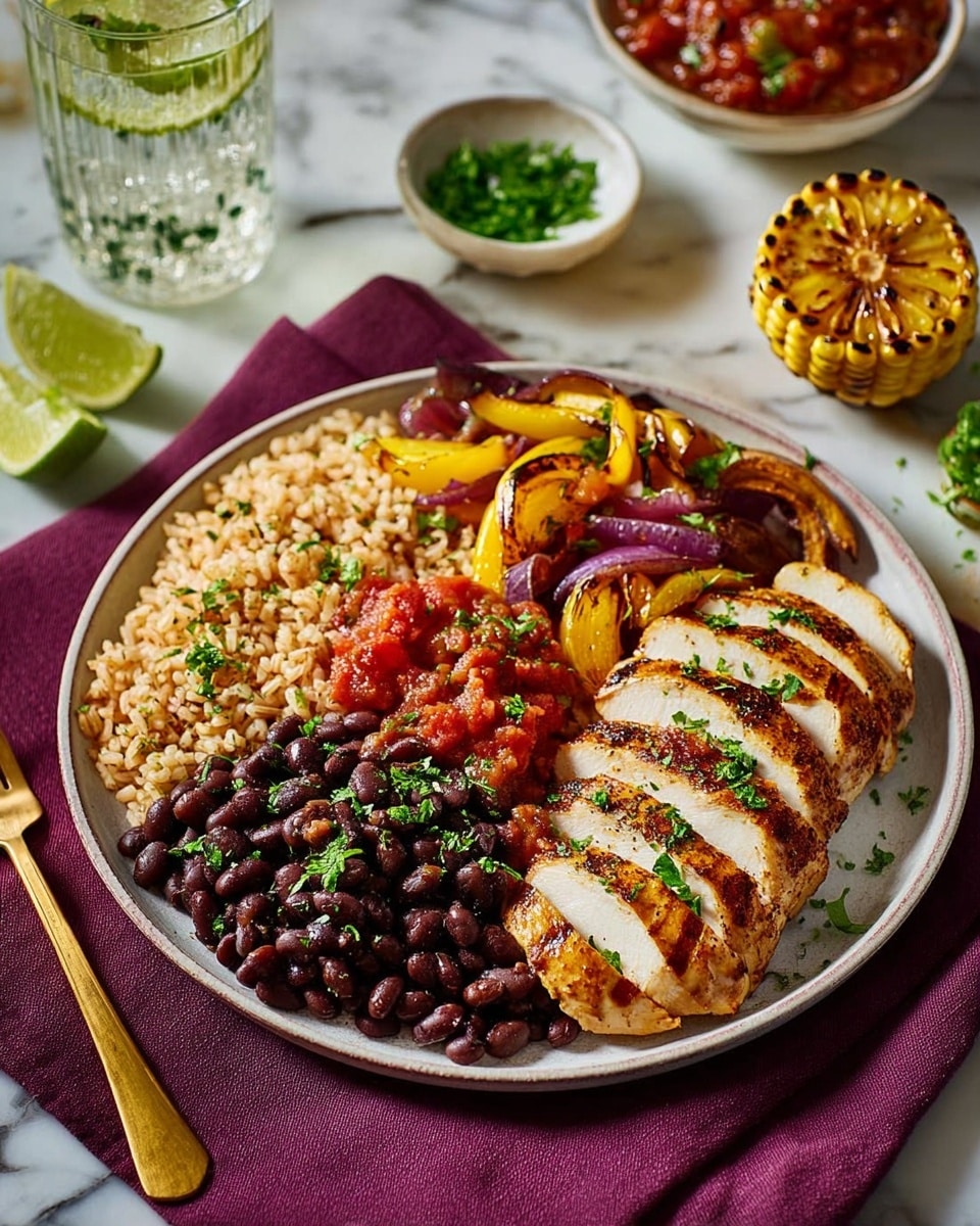 On a large round white plate, there is a meal arranged in four sections: on the right, six slices of grilled chicken breast with a golden brown outside, stacked closely side by side; below the chicken, a layer of black beans mixed with some chopped green herbs; to the left of the beans, a scoop of fresh diced tomatoes on top of a small portion of cooked chickpeas; above the tomatoes, a colorful mix of grilled vegetables including baby corn, red and yellow bell peppers, and red onion, all lightly charred and topped with chopped green herbs; at the top right, a serving of brown rice. A gold fork rests on the plate next to the chicken, and the plate is on top of a folded deep purple cloth on a white marbled surface. Nearby is a grilled half lime, a small white bowl with chopped herbs, a green bowl with red salsa, and a glass with water and lime slices. Photo taken with an iphone --ar 4:5 --v 7