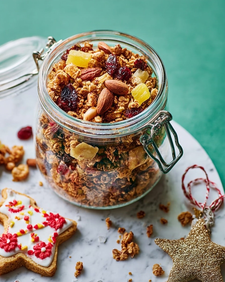 A clear glass jar filled with layered granola sits on a white marbled textured surface. The granola is mixed with dried fruits and nuts, showing rough textured clusters of golden brown oats, dark raisins, red cranberries, and whole nuts like almonds and hazelnuts scattered throughout. Some granola pieces and dried fruit bits are spilled around the jar. In the upper left corner, part of a decorated cookie with yellow, red, and white icing is visible. Photo taken with an iphone --ar 4:5 --v 7