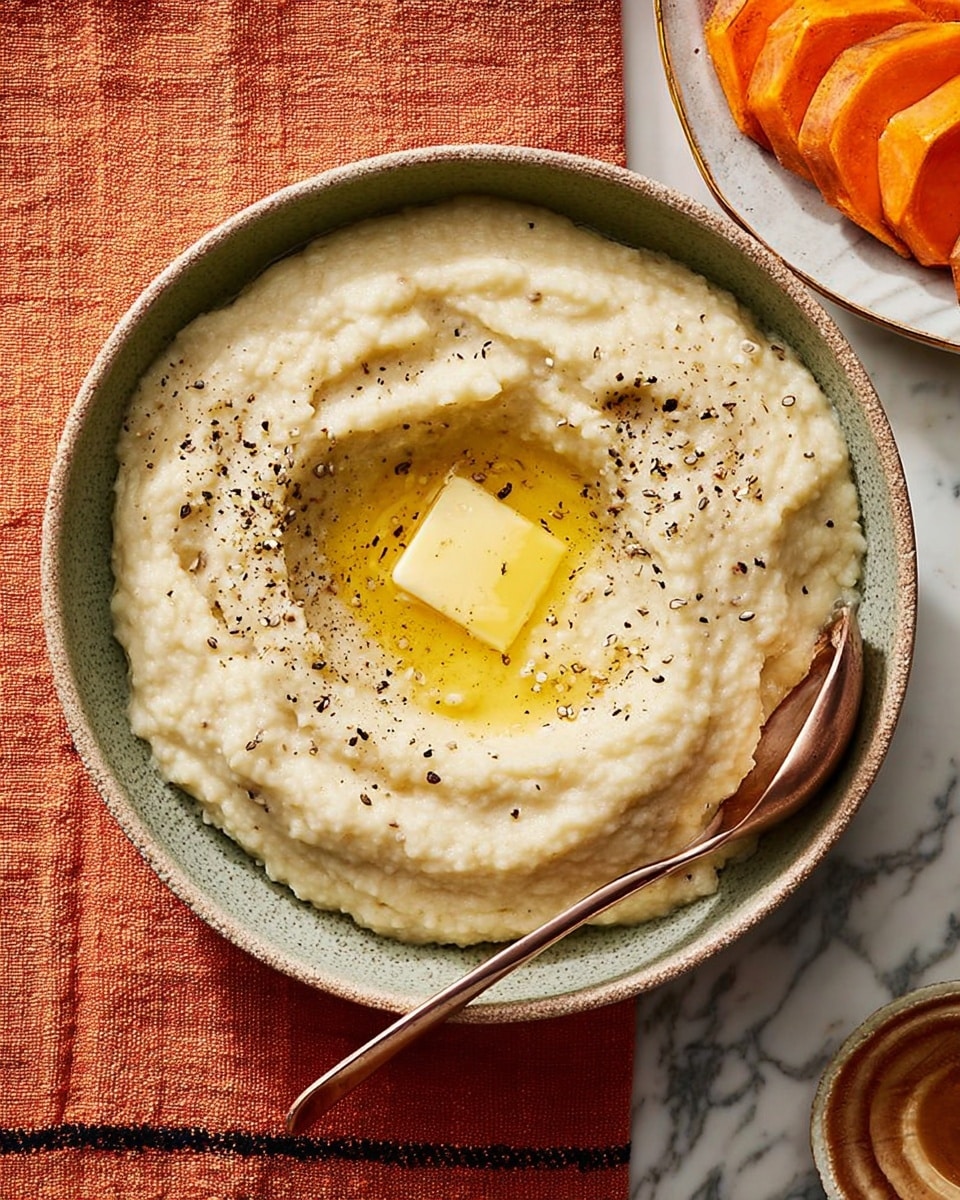 A greenish-gray bowl holds a thick, creamy beige porridge with a smooth, slightly lumpy texture. At the center of the porridge sits a melting square of bright yellow butter spreading a glossy sheen around it. Tiny black pepper flakes are sprinkled over the surface, adding contrast to the pale base. A bronze spoon partially rests inside the bowl on the right side, with its handle extending out. The bowl is placed on a soft reddish-brown cloth with a faint texture, set against a white marbled surface. photo taken with an iphone --ar 4:5 --v 7