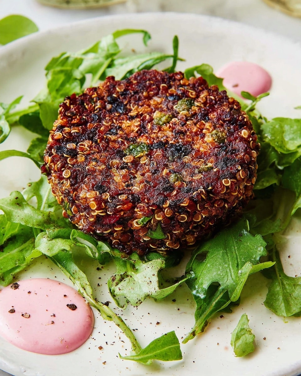 The image shows a round, thick quinoa patty with a rough, uneven texture made of reddish quinoa grains mixed with small black seeds and green herb pieces, placed at the center of a white plate. Underneath and around the patty, there is a bed of fresh green arugula and cilantro leaves with thin, long stems creating a loose, natural pile. To the right side of the plate, there is a light pink sauce streak and some olive oil drizzled on the white surface, with small black pepper flakes scattered nearby. The plate sits on a white marbled surface. Photo taken with an iphone --ar 4:5 --v 7