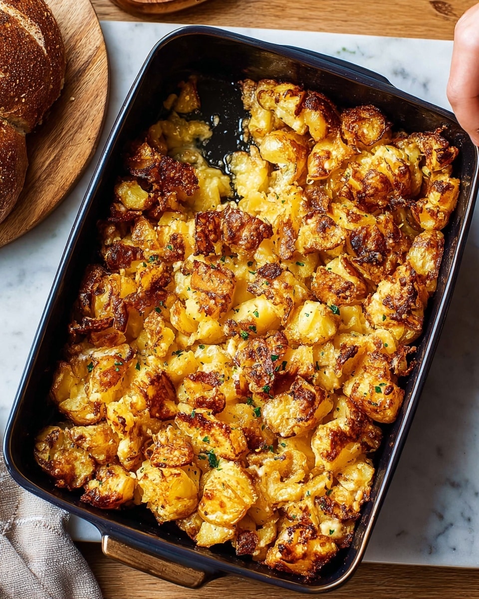 A black baking dish filled with a golden brown smashed potato dish, where the top layer is crispy with browned edges and small bits of charred texture scattered across. The potatoes underneath appear soft and creamy, with some pieces partially broken and mashed. The overall color varies from a light golden yellow to deeper toasted brown patches. The dish sits on a white marbled textured surface with part of the casserole missing from one side, exposing the softer potato inside. Photo taken with an iphone --ar 4:5 --v 7