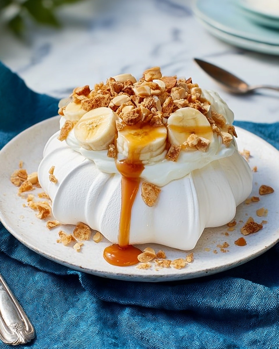 A white, round pavlova with smooth, curved ridges forms the base layer, topped with a thick layer of white cream. On top, slices of yellow banana scattered over the cream, along with small pieces of light brown crunchy nuts or brittle. A glossy caramel sauce is poured over the center, dripping down the side. The pavlova sits on a white plate on a white marbled surface with a blue cloth underneath. Photo taken with an iphone --ar 4:5 --v 7