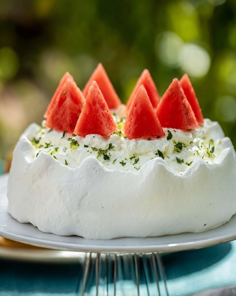 A white meringue cake sits on a clear glass stand against a blurred green outdoor background. The cake has one thick, smooth white meringue layer shaped into soft curves. On top of the meringue is a thick ring of white whipped cream with a fluffy texture. Inside the whipped cream are fresh, triangular watermelon slices with bright red flesh and small dark seeds, standing upright and slightly tilted. Small green mint leaves are scattered between the watermelon pieces and over the whipped cream. The whole setup rests on a white marbled surface. photo taken with an iphone --ar 4:5 --v 7