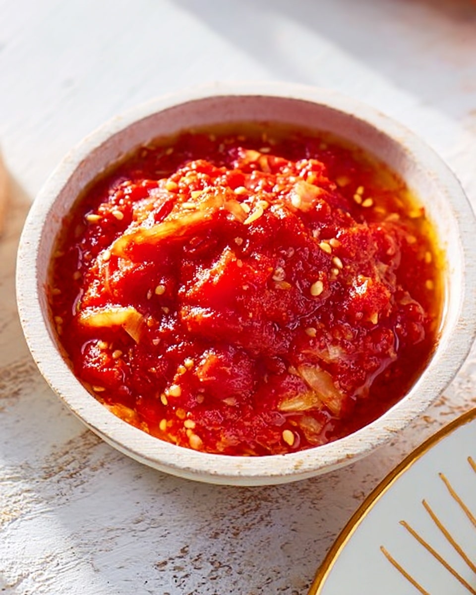 A small white bowl filled with a bright red chunky sauce that has visible tomato pieces and small white seeds scattered throughout. The sauce looks thick and slightly oily, with some lighter orange areas where the oil has mixed in. The bowl is placed on a white marbled surface with subtle gray veins, and part of a white plate with gold stripes is visible on the right side. Warm light shines from the top left, casting soft shadows and highlighting the sauce's texture. Photo taken with an iphone --ar 4:5 --v 7
