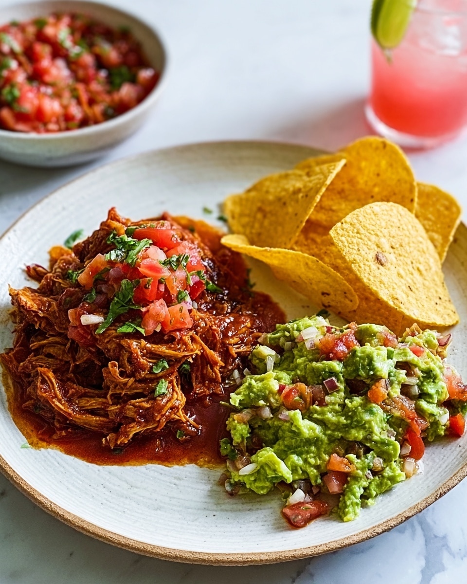 A white plate on a white marbled surface holds a colorful meal with three main parts: on the left, a reddish-brown shredded meat stew with a slightly thick sauce, topped with small diced tomatoes and bits of chopped onion and green herbs; on the right side, a bright green mashed guacamole mixed with red and purple finely chopped onions and tomato pieces; and at the top right, three large yellow tortilla chips resting against the guacamole. Next to the plate on the top left, there is a small white bowl filled with fresh diced tomato salsa and a silver spoon inside it, along with a tall clear glass drink with visible lime slices. Photo taken with an iphone --ar 4:5 --v 7