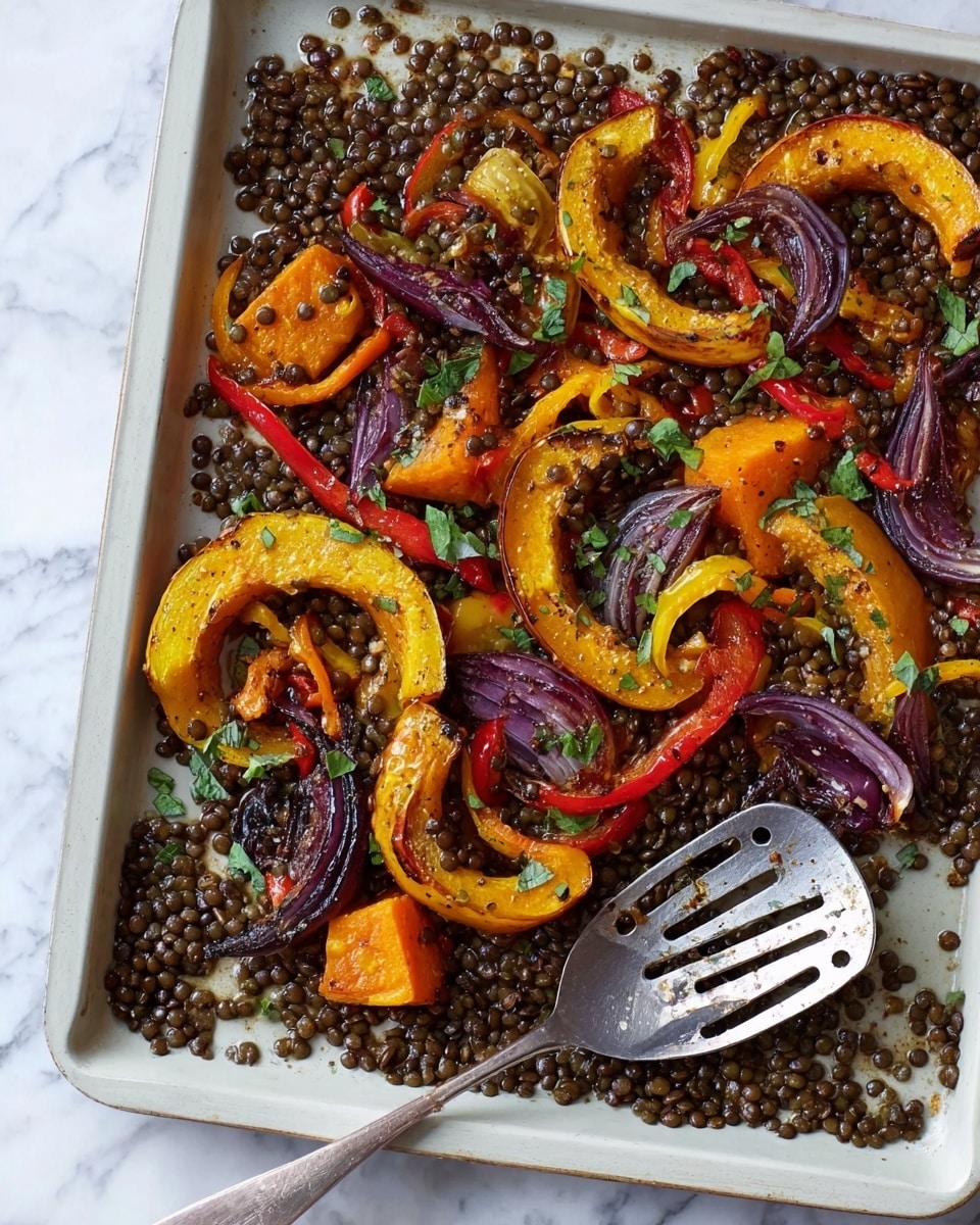 A white rectangular baking tray filled with a colorful mix of cooked lentils and roasted vegetable slices arranged evenly across the surface. The lentils are small, dark brown, and scattered throughout, giving a grainy texture. There are several layers of roasted slices of orange butternut squash, yellow and red bell peppers, and purple onion strips, all slightly charred and glistening with oil. Green herb leaves are lightly sprinkled on top, adding a fresh touch. A large metal slotted spoon rests on the tray’s right side, partially inside the mix. The tray is set on a white marbled surface. photo taken with an iphone --ar 4:5 --v 7