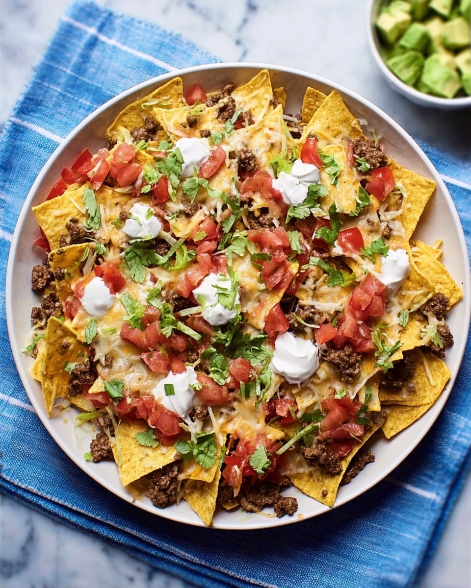 The image shows a white bowl filled with a layered nachos dish on a white marbled surface with a blue striped cloth underneath. The bottom layer consists of crushed tortilla chips, topped with small chunks of cooked ground beef and diced red tomatoes. Scattered dollops of white sour cream add a smooth texture, while melted cheese creates a slightly gooey layer over the chips and beef. Fresh green chopped cilantro leaves are sprinkled on top, adding color and freshness to the dish. In the background, there is a white bowl with cut pieces of avocado. photo taken with an iphone --ar 4:5 --v 7