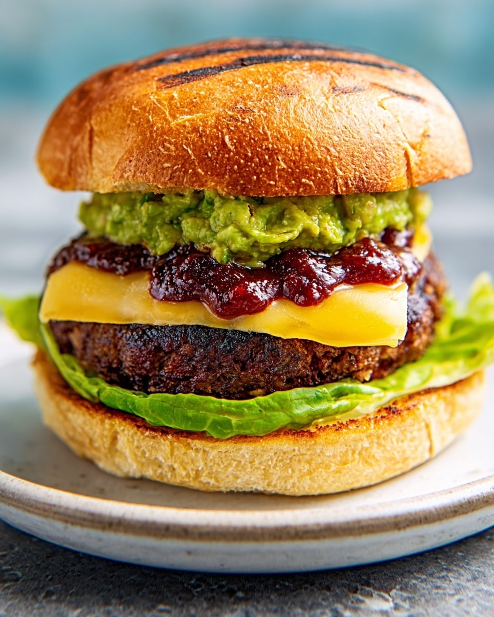 A grilled burger sits in the center of a round white plate on a white marbled surface. The bottom layer is a toasted golden brown bun with a slight crunch, topped with a dark green lettuce leaf. Above the lettuce is a thick, juicy dark brown burger patty with a textured surface, crowned by a square slice of creamy yellow cheese. On top of the cheese is a dollop of chunky green guacamole, and the sandwich is finished with the top half of the bun, which is golden with distinct grill marks. The burger has a neat and fresh look, with layers clearly visible and colors contrasting well. Photo taken with an iphone --ar 4:5 --v 7