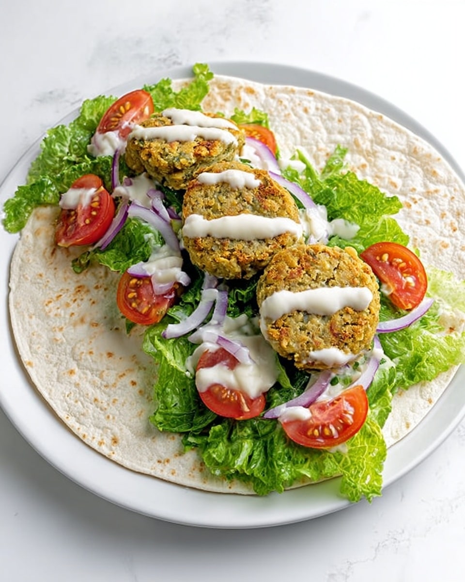 A white plate holds a single soft tortilla flat open with layers arranged neatly on top. The bottom layer is fresh green lettuce leaves spread evenly across the tortilla. On top of the lettuce, there are thin rings of purple onion scattered lightly. Three round, golden-brown falafel patties sit in a line on the center of the lettuce. Bright red tomato slices are placed in front of the falafel towards the edge of the tortilla. A thick white sauce is drizzled in a zigzag pattern over the falafel. The plate is set on a white marbled surface and a light gray cloth napkin is partially visible under the plate. photo taken with an iphone --ar 4:5 --v 7