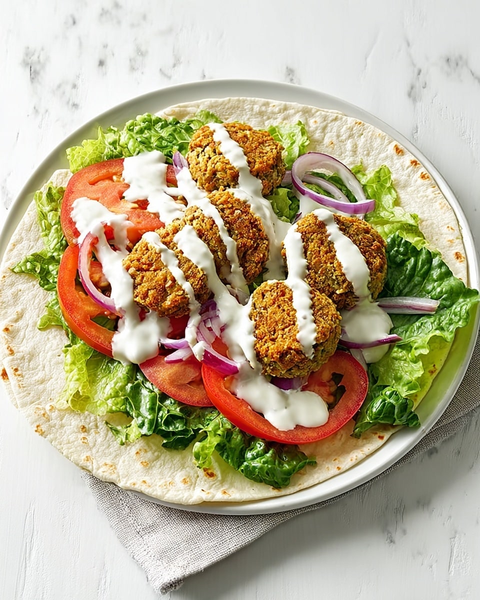 The image shows an open flatbread wrap placed on a white plate over a white marbled surface. The flatbread serves as the base layer with a soft, off-white texture. On top, there is a layer of fresh green leafy lettuce spread evenly. Over the lettuce, there are three round golden-brown falafel patties arranged side by side in the center. Thin slices of red onion are scattered lightly across the lettuce and falafel. On one side, three red tomato slices with visible seeds rest on the lettuce. A creamy white sauce is drizzled in a line over the three falafel patties, adding a smooth contrast. Photo taken with an iphone --ar 4:5 --v 7
