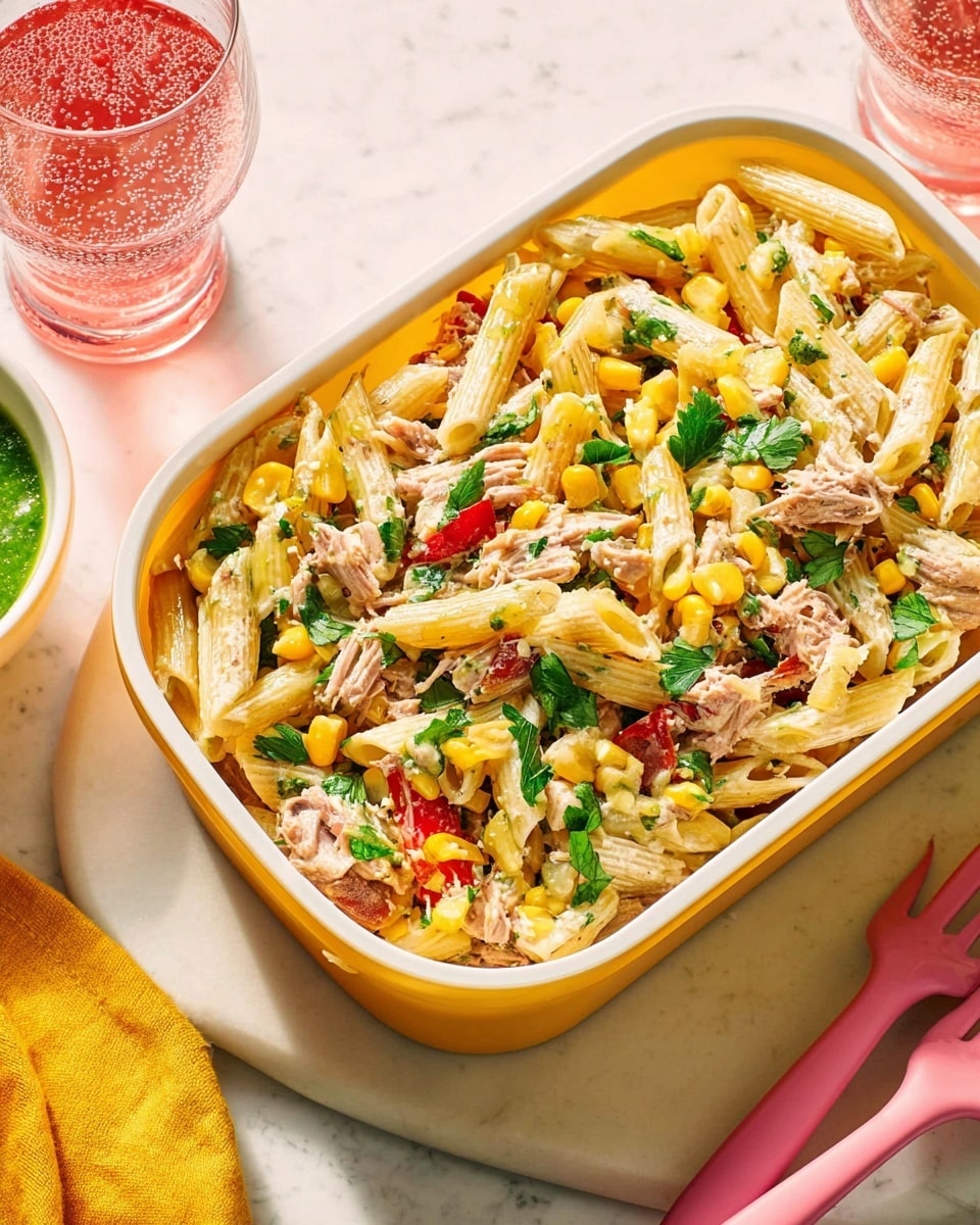 A white rectangular container filled with a creamy pasta salad made of tube-shaped pasta, chunks of light pink tuna, small yellow corn kernels, and bits of red bell pepper, all mixed with green herbs. The pasta and tuna pieces show a soft texture, while the corn and peppers add small pops of color. The container is placed on a white marbled surface, next to a glass of sparkling water and a yellow plate with a pink fork. Photo taken with an iphone --ar 4:5 --v 7