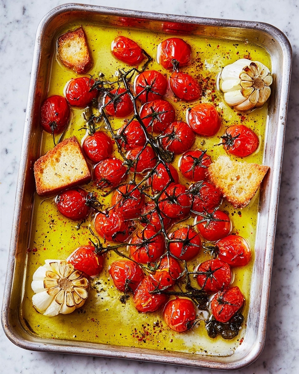 A metal baking tray holds a layer of golden olive oil covering the bottom, topped with bright red roasted cherry tomatoes still attached to their dark, twisted green stems. Two halved garlic bulbs, showing their soft, slightly browned cloves, sit among the tomatoes. Small pieces of torn white bread rest on the tray, soaked with oil and juices. The tray is placed on a white marbled textured surface. photo taken with an iphone --ar 4:5 --v 7
