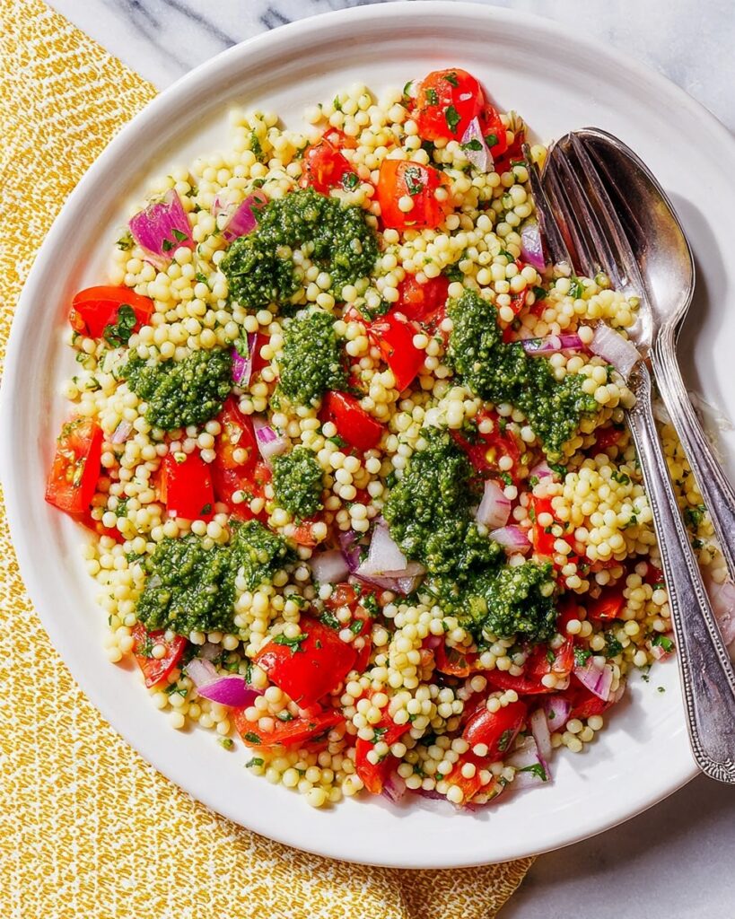 Giant Couscous & Tomato Salad with Zhoug-Style Dressing Recipe
