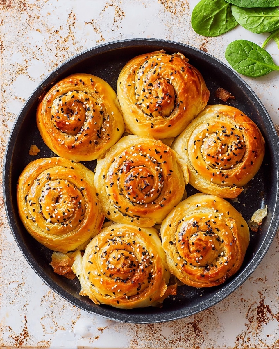 The image shows six spiral-shaped pastries arranged in a black round baking pan on a white marbled surface with small green leaves nearby. Each pastry has a golden brown, flaky crust with some darker brown spots, and they are sprinkled with small black seeds on top. The pastries are tightly coiled with visible layers of thin dough forming the spiral, showing slightly crinkled and shiny textures. Some small pieces of crust are scattered on the empty part of the pan, adding to the baked look. photo taken with an iphone --ar 4:5 --v 7