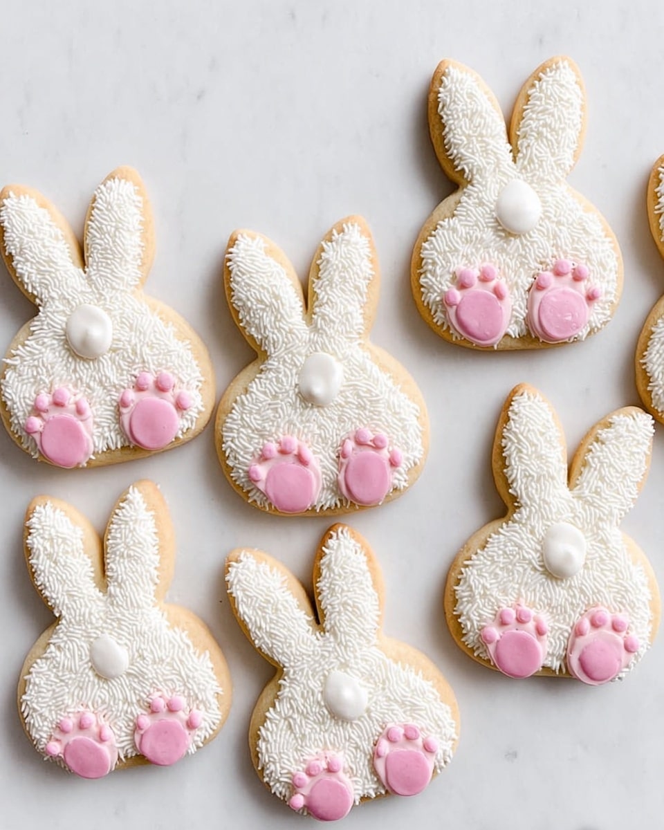 The image shows eight bunny-shaped cookies placed on a white marbled surface. Each cookie has two long ears at the top with a textured, white sugary coating covering the entire body. The bottom part of each cookie features two round pink paws with tiny darker pink pads, positioned to look like the bunny’s feet. A small, fluffy white pom-pom is attached at the center of the bottom half, resembling a bunny tail. The cookies are neatly arranged, mostly facing downward, showing their backs. photo taken with an iphone --ar 4:5 --v 7