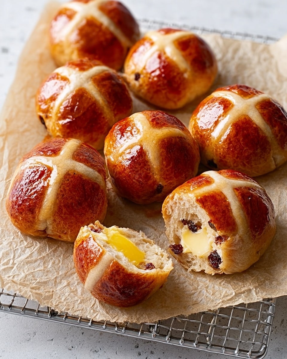 The image shows six golden brown hot cross buns with shiny tops and a light cross pattern on each. Five buns are whole and placed on a sheet of parchment paper on a cooling rack, while one bun is split open in the front with melted butter visible inside. The buns have a soft, smooth texture with some small dark spots from dried fruit. Tiny drops of honey or syrup are scattered around the buns on the parchment paper. The whole scene is set on a white marbled texture. Photo taken with an iphone --ar 4:5 --v 7