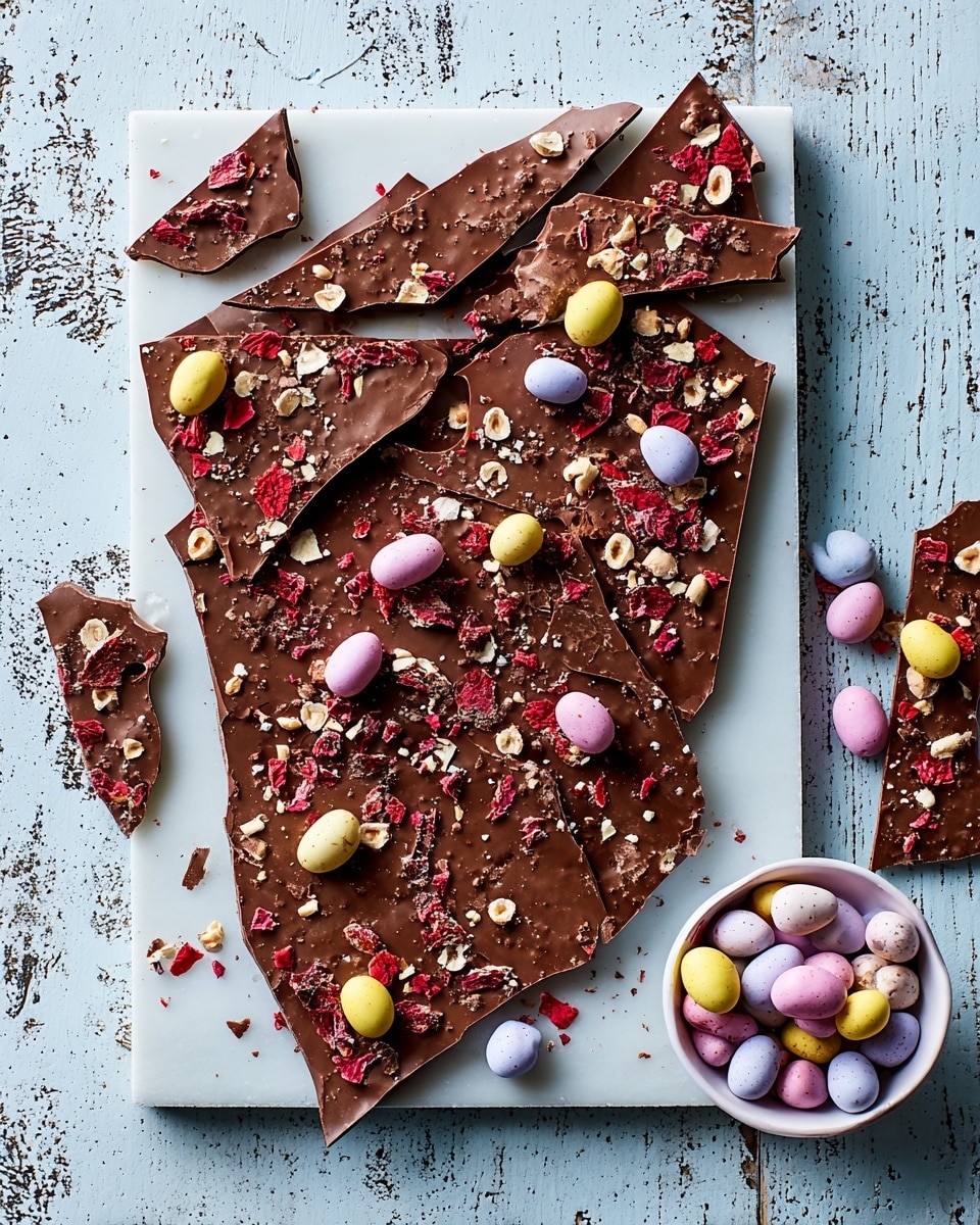 A large slab of milk chocolate bark lies on a white rectangular board, topped with scattered small colorful candy eggs in pastel pink, yellow, and purple colors, along with crushed hazelnut pieces and bits of red dried fruit. The slab is broken into irregular shaped pieces, some still attached, others separated and placed around the board. A small white bowl near the bottom right corner holds more of the candy eggs, overflowing slightly. The entire scene is set on a white marbled surface with a worn look, creating a contrast with the rich brown chocolate and soft colors of the toppings. photo taken with an iphone --ar 4:5 --v 7