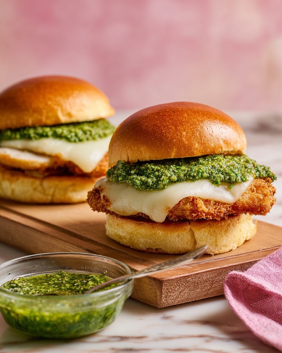 The image shows two sandwich sliders on a wooden board placed over a white marbled surface. Each slider has three layers: the bottom layer is a soft, golden-brown bun; the middle layer is a crispy, breaded chicken cutlet topped with melted white cheese that slightly drapes over the edges; the top layer is a bright green pesto sauce spread evenly on the melted cheese, with a soft golden-brown bun crowning the sandwich. To the left of the sliders, there is a small glass bowl filled with the same green pesto, with a spoon resting inside it. The background is a soft peachy-pink color with a softly crumpled pink and white striped cloth to the right. photo taken with an iphone --ar 4:5 --v 7