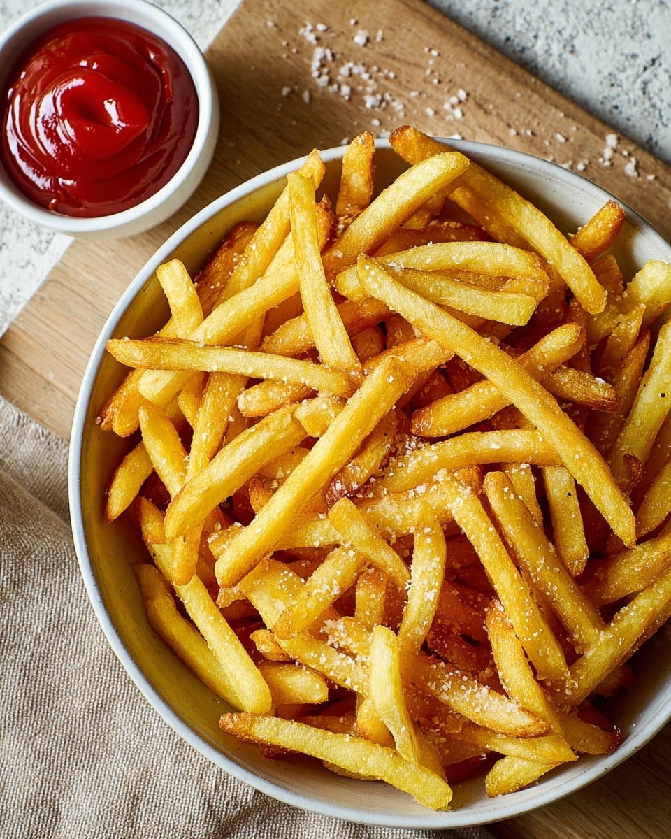 A large bowl filled with a generous pile of golden yellow French fries, each fry crispy with small salt crystals visible on the surface, the fries are thin and long with a slightly rough texture. The bowl is white, sitting on a wooden board next to a small white bowl filled with bright red ketchup, smooth with slight swirls on the surface. Everything is placed on a white marbled surface with a white cloth partly under the wooden board. Photo taken with an iphone --ar 4:5 --v 7