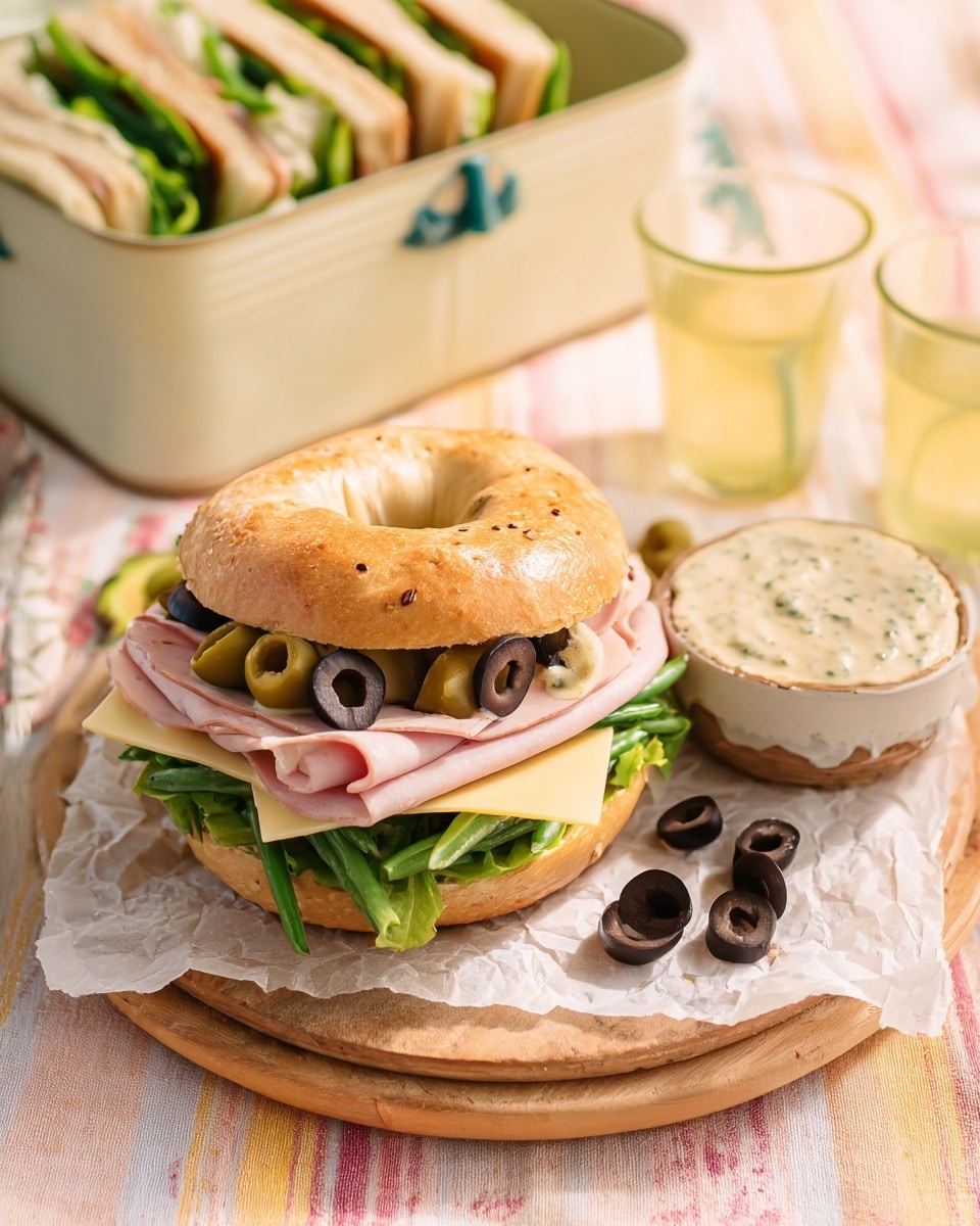 A sandwich is shown on a white plate with a wooden board underneath, placed on a white marbled surface. The sandwich has a golden brown bun, split into two halves. The bottom layer is a spread of creamy sauce, topped with two layers of green lettuce leaves. Above that are fresh green beans, five or six in number, laying side by side. On top of the beans is a layer of thinly sliced pink ham, folded. The ham is decorated with a few black olive slices. The next layer consists of two thick slices of pale yellow Swiss cheese with holes, placed on top. The top bun rests slightly tilted over the cheese. Beside the sandwich is a small ceramic bowl filled with a chunky pale yellow sauce. In the background is a metal container holding several sandwiches and two clear glasses filled with a bubbly light drink. Photo taken with an iphone --ar 4:5 --v 7