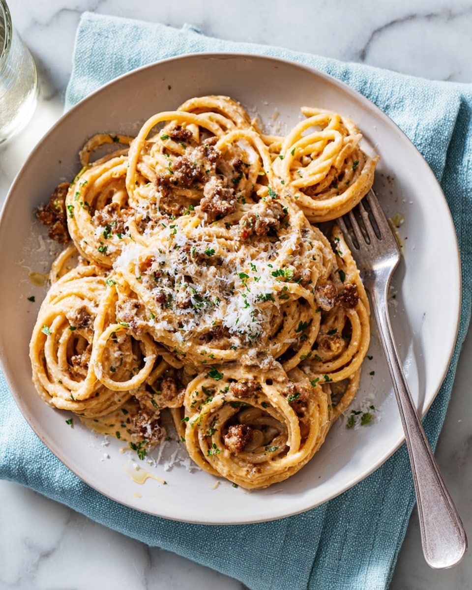 A white plate holds a serving of pasta made of thick noodles twisted into four small nests spread across the plate. The noodles have a light brown color and are mixed with small pieces of cooked ground meat scattered evenly. There is a cream sauce coating the pasta lightly, giving it a smooth texture. White grated cheese is sprinkled over the top of the pasta clusters. Some small green herb pieces are scattered throughout, adding color contrast. A silver fork and spoon rest on the right edge of the plate on a white marbled surface. Photo taken with an iphone --ar 4:5 --v 7