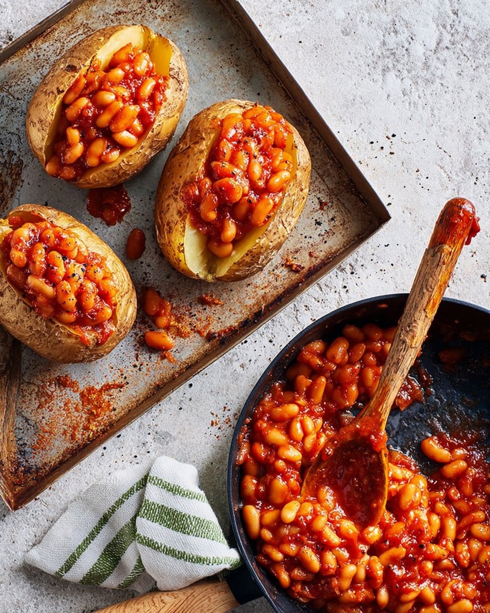 The image shows three baked potatoes placed on a gray metal tray over a white marbled textured surface. Each potato is split open on top with soft yellow insides visible and generously filled with bright red baked beans. The beans have a glossy, slightly thick sauce and some black pepper sprinkled on top. To the right of the tray is a round black pan with a wooden handle, filled with more baked beans in the same red sauce. Below the pan is a wooden spoon with some beans and sauce on it, lying on the tray partially over a white cloth with green stripes on the right side. photo taken with an iphone --ar 4:5 --v 7