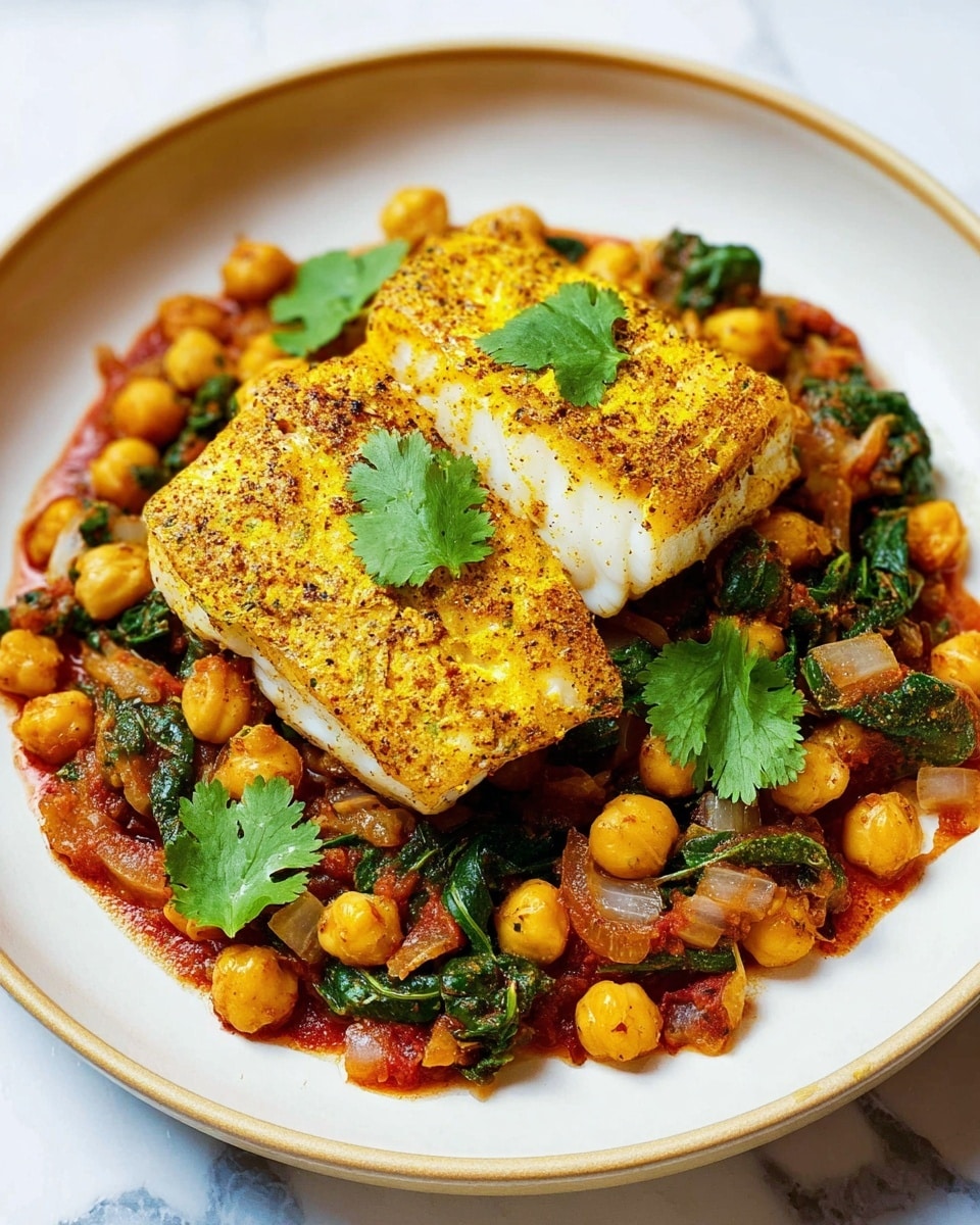 A white plate on a white marbled surface holds a dish with two main layers. The bottom layer is a colorful mix of cooked chickpeas, chopped green leafy vegetables, and small pieces of translucent cooked onions in a red sauce, evenly spread to form a base circle. On top, there are two rectangular white fish fillets with a golden-yellow spice crust and some green cilantro leaves placed as garnish. The dish looks warm and well seasoned. photo taken with an iphone --ar 4:5 --v 7