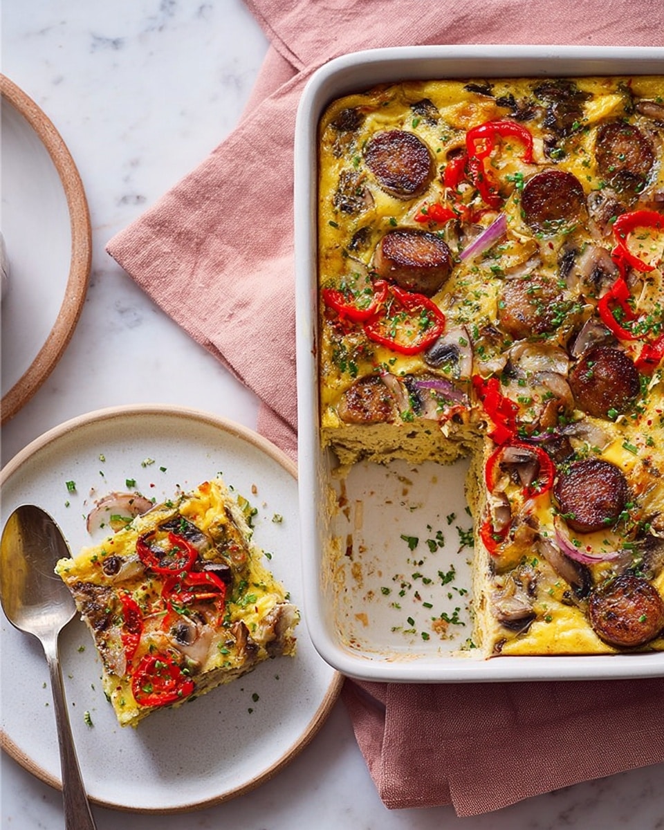 The image shows a white rectangular dish filled with a baked egg casserole, with one corner scooped out. The casserole has visible layers of browned eggs mixed with round slices of browned sausage, red bell pepper strips, sliced mushrooms, and bits of green herbs spread evenly throughout. A square portion of the casserole is placed on a white round plate next to the dish, revealing similar layers with sausage, red pepper, mushrooms, and chopped fresh green herbs sprinkled on top. A spoon rests on the plate, partially under the casserole. The scene is set on a white marbled surface with a light pink cloth with frayed edges partially underneath the dish and plate, and a small dark green round ornament lies beside the plate. photo taken with an iphone --ar 4:5 --v 7