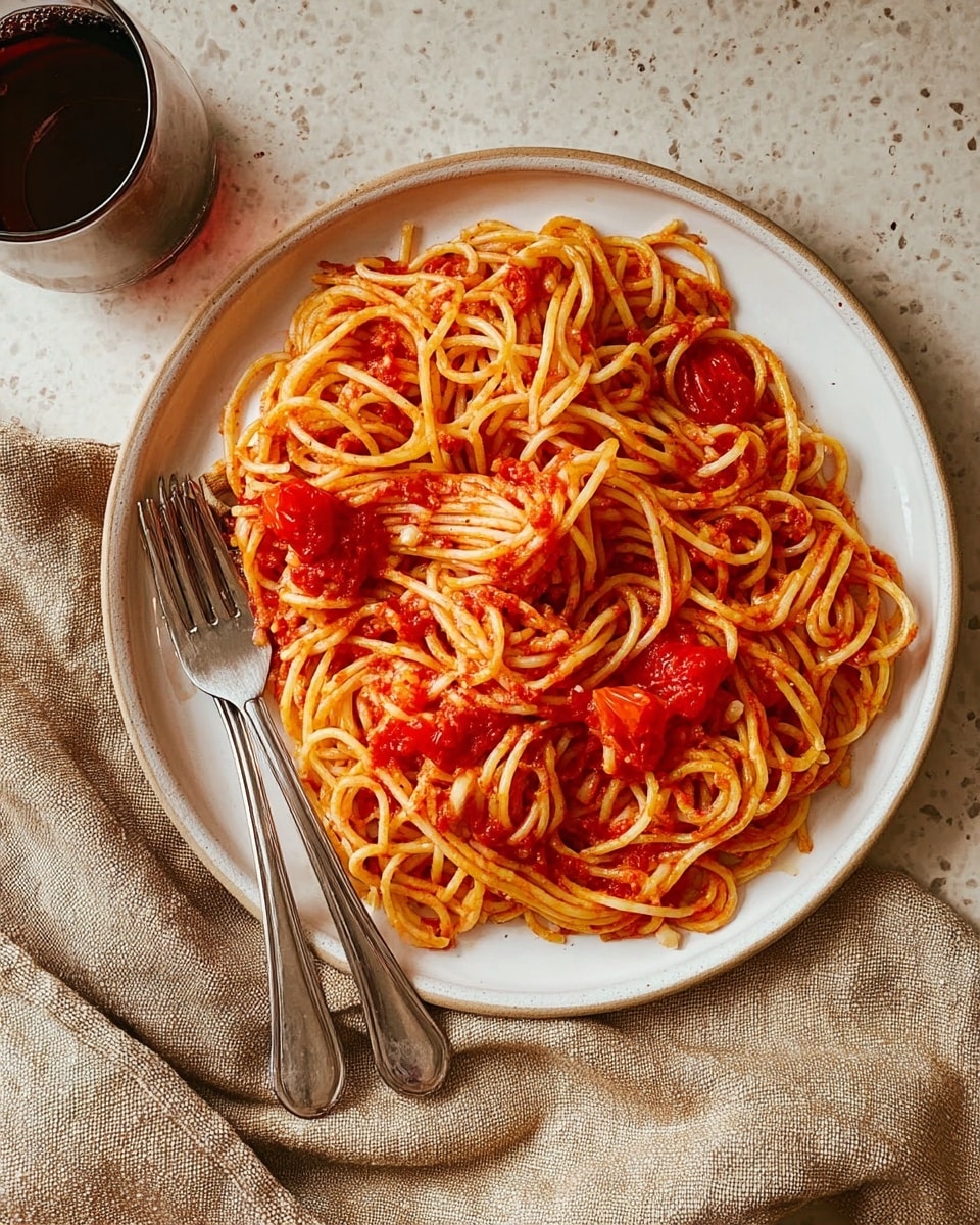 A white bowl filled with a single large layer of spaghetti noodles mixed with chunky red tomato sauce, scattered with thin slices of cooked garlic. The pasta strands are loosely piled and twisted, with some sauce splattered on the inside edges of the bowl. Two silver forks rest on the left side inside the bowl, sitting on a beige cloth napkin below. The background is a white marbled texture. photo taken with an iphone --ar 4:5 --v 7