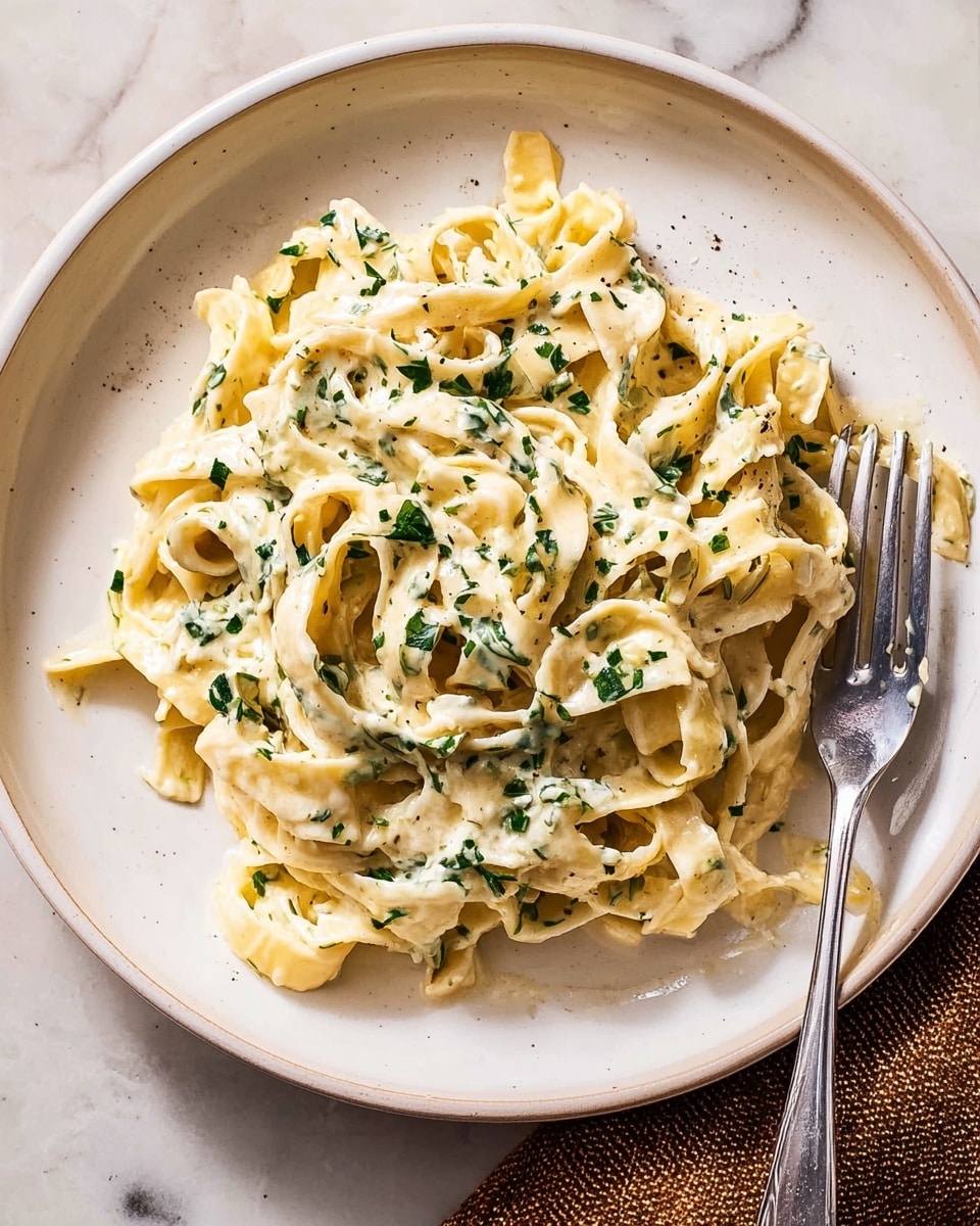 The image shows a white deep plate filled with creamy pasta. The pasta is fettuccine, coated in a rich, light yellow sauce with visible green herb pieces like parsley spread throughout. The pasta strands are twisted and layered in a loose pile, some sprinkled with chopped herbs. A silver fork is placed on the right side of the pasta, with pasta strands curling around its prongs. The background surface is a white marbled texture. photo taken with an iphone --ar 4:5 --v 7