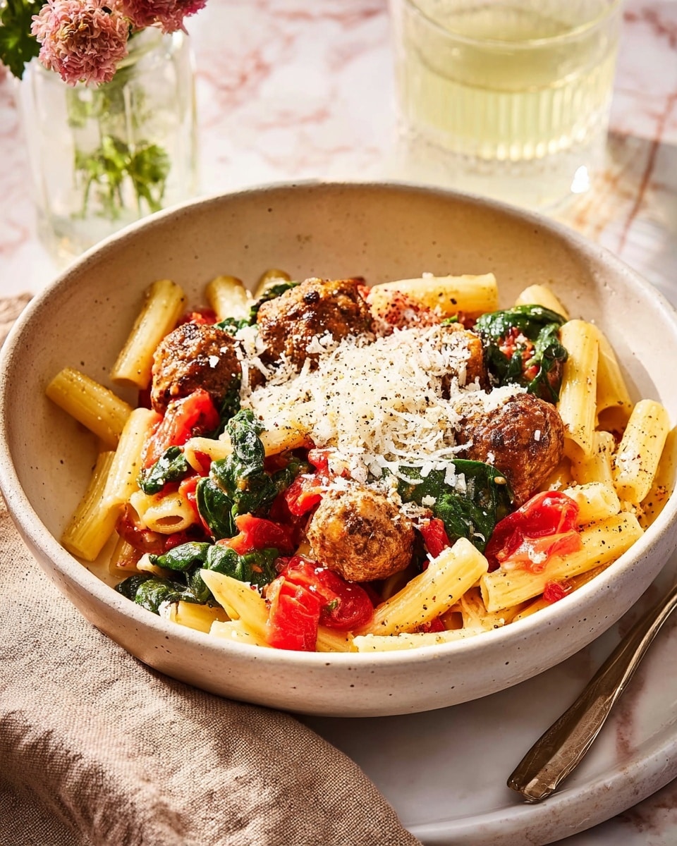 A bowl filled with three layers of food sits on a white marbled surface. The bottom layer is light golden penne pasta arranged loosely. On top of the pasta, there are medium-sized, round meatballs that are light brown with a slightly crispy texture. Scattered among the meatballs and pasta are bright red tomato chunks and wilted dark green spinach leaves. The top layer is a generous sprinkle of finely grated white cheese, adding texture and contrast. The setting includes a soft pink cloth napkin nearby and a partially visible glass filled with a golden drink. Photo taken with an iphone --ar 4:5 --v 7