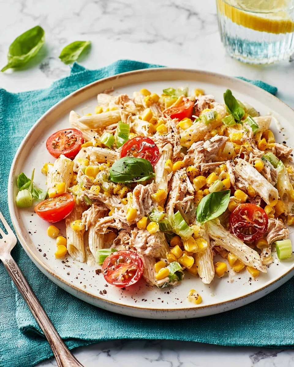 A white plate holds a colorful pasta salad layered with penne pasta as the base, pale cream in color with a smooth texture. On top, there are bright yellow corn kernels scattered evenly, mixed with juicy red cherry tomato halves that add pops of color. Light brown chunks of tuna are spread throughout the dish, adding a textured, flaky layer. Fresh green basil leaves are scattered on top for a fresh look. A creamy white dressing is drizzled lightly over the entire salad. The plate rests on a blue cloth on a white marbled surface. A silver fork is placed on the left side of the plate. photo taken with an iphone --ar 4:5 --v 7