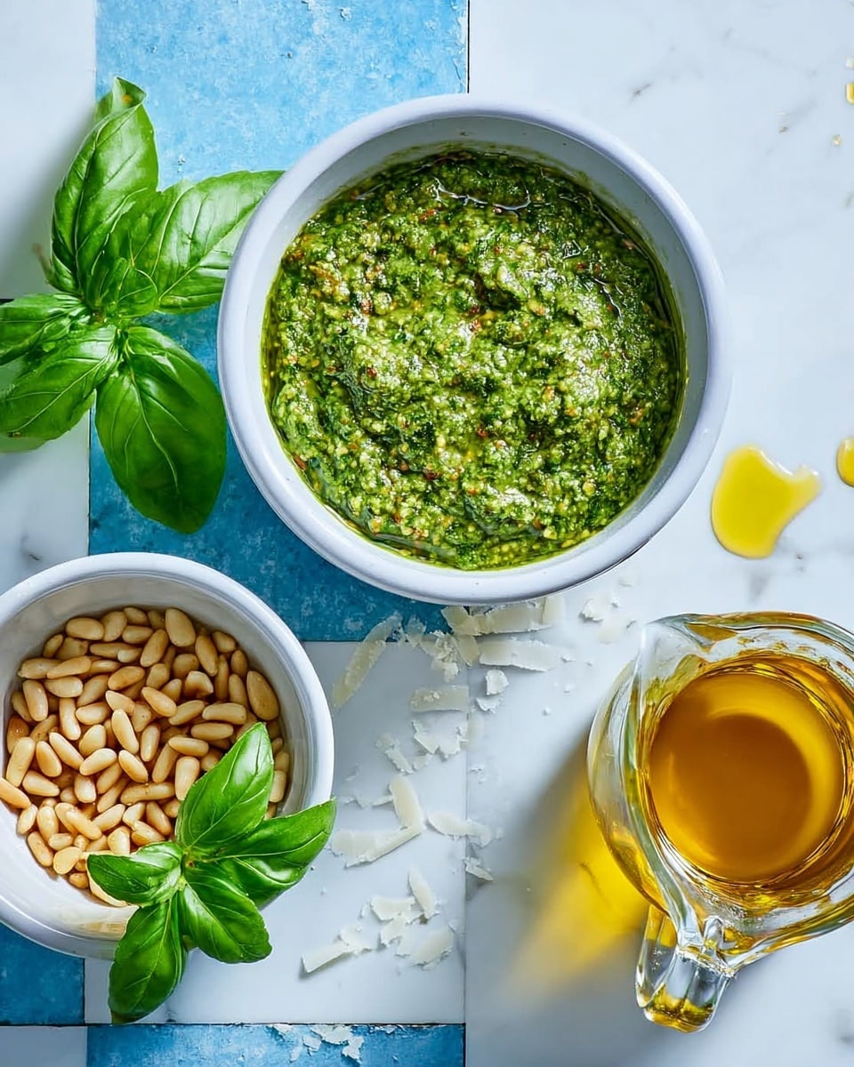 The image shows three white bowls on a white marbled surface with a blue and white checkered pattern underneath. The top bowl holds a thick, textured green pesto sauce with visible bits of herbs and nuts. Below to the left, another bowl contains golden pine nuts scattered on the bottom, accented by fresh green basil leaves on one side. To the right, a small glass jug filled with golden olive oil rests, casting a slight shadow. There are small drops of oil and a few scattered white shavings around the bowls, adding a fresh and rustic feel. photo taken with an iphone --ar 4:5 --v 7